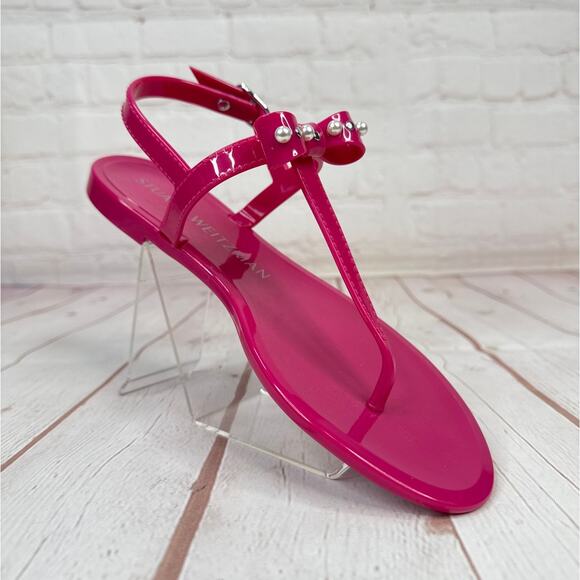 Stuart Weitzman Imitation Pearl Bow Jelly Pink Ankle Strap Sandals Women’s Sz 6B - Picture 2 of 8